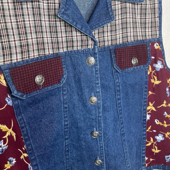 Vintage 90s Blue Denim Womens Fall Floral Autumn Vest Cotton Patchwork Large VTG - Picture 2 of 8